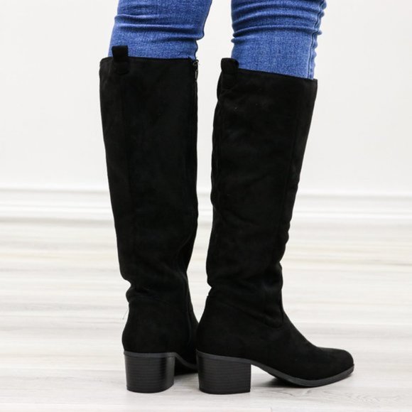 Pointy Toe Below The Knee Black Boots Faux Suede - Picture 4 of 11